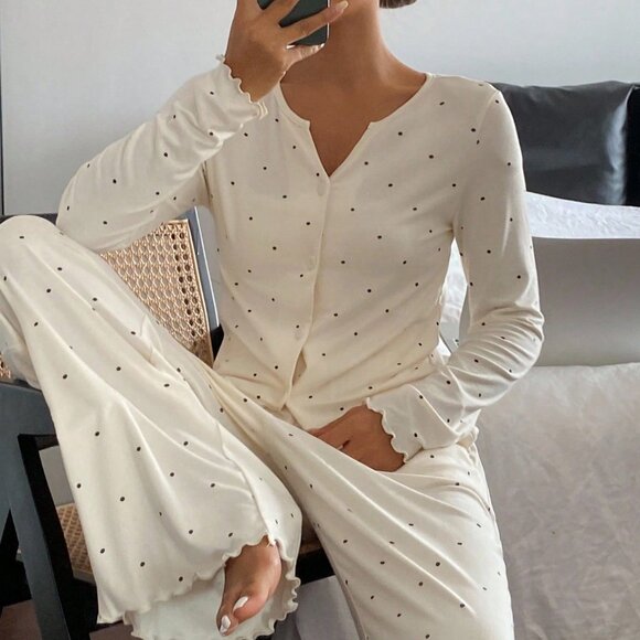 Beige Casual Women's Polka Dot Long Sleeve Button-Up Pajama Set - Picture 4 of 7